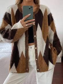 DAZY Women's Brown Loose Business Casual Office Wear Minimalist Contrast Color Patchwork Rhombus Geometric Pattern Thickened Plush Knit Cardigan Sweater, Autumn Winter Plaid - Yellow - View 2
