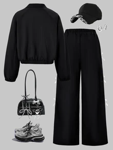 SHEIN 2件組時尚休閒女款/青少年新款黑色針織拼接白色飾邊拉鍊立領夾克與白色飾邊寬鬆長褲套裝 - 黑色 - 查看 2