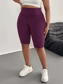 SHEIN PETITE CURVE 大尺碼女款休閒極簡純色內搭褲，適合夏季 - 紫色 - 查看 3