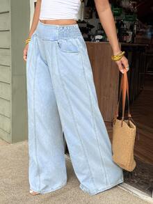 SHEIN PETITE CURVE Plus Size Fashion Streetwear Elastic Waist Pocket Loose Denim Jeans - Apricot - View 5
