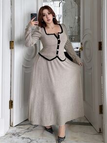 Dazy Plus Autumn New Elegant Square Neck Waist-Cinching Top And Long Flared Skirt 2 Pieces Set - Grey - View 8