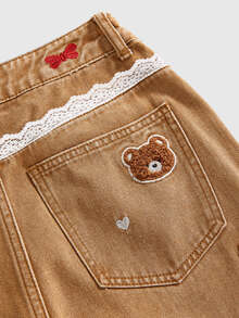 ROMWE Autumn/Winter Sweet Kawaii Embroidered Bear Casual Straight Wide Leg Jeans For Women - Brown - View 4