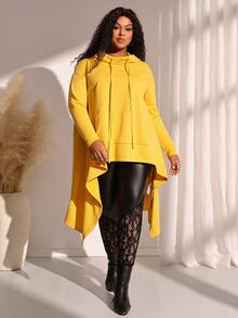 BrightlyHer Plus Size Solid Hooded Long Sleeve Drawstring Asymmetric Hem Sweatshirt With Pockets Autumn 2026 Formal Vacation Soft Yellow Black Casual - Yellow - View 6