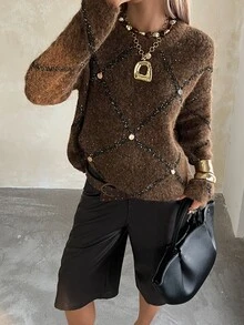 DAZY Women's Rhombus Pattern Sequin Pullover Sweater - Coffee Brown - View 2