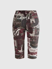 ROMWE Vintage Music Festival Plus Size Women's Printed Denim Jeans, Oriental Graffiti Design, High Waist Slim Fit Street Party Plus Size Mid-Length Pants - Multicolor - View 2