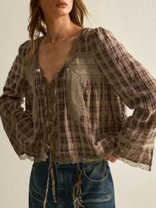 SHEIN Women's Plaid Lace Patchwork Button Tie Front Blouse - Coffee Brown - View 4