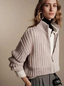 Anewsta Essential Autumn/Winter Elegant Lapel Zip-Up Hollow Stripe Vertical Hollow High-End Grey Knit Cardigan - Grey - View 1