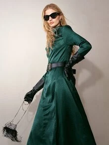 MOTF PREMIUM WOMEN'S STAND COLLAR JACQUARD WAIST-CINCHING LONG DRESS - Dark Green - View 1