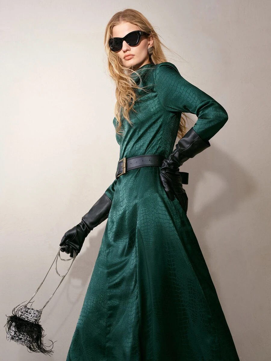 MOTF PREMIUM WOMEN'S STAND COLLAR JACQUARD WAIST-CINCHING LONG DRESS - Dark Green - View 1