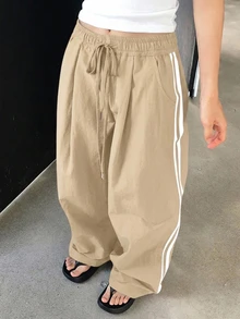Dazy Plus Elastic Waist Patchwork Webbing Loose Street Style Long Pants All Season Sports Casual Fall - Khaki - View 1