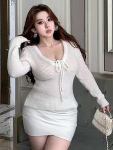 REIGN AVE V-Neck Tie-Front Sexy Minimalist Sexy Elegant Base Layer Pullover Sweater, Spring/Autumn New Style - Beige - View 6