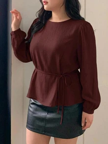 Dazy Plus Korean Style Red Office Wear Tie-Neck Round Collar Petal Sleeve Commuter Blouse - Burgundy - View 4