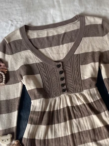 IslaSuriya Women's Striped Button Design Long Sleeve Casual Sweater - Khaki - View 3