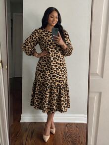 SHEIN Lady CURVE Plus Size Fashion Sexy Leopard Print Ruffle Hem Dress Work Outfits For Women - Multicolor - View 4