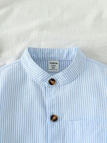 SHEIN 男孩 3-7 歲簡單休閒棉質條紋立領長袖襯衫，舒適柔軟面料，百搭風格，適合學校、外出、度假、派對等多種場合 - 藍色 - 查看 3