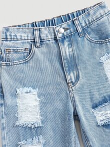 SHEIN Girls' Light Blue Distressed Loose Fit Denim Long Pants - Blue - View 4