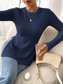SHEIN Frenchy 女款休閒度假長袖T恤，開衩下擺設計 - 寶藍色 - 查看 6