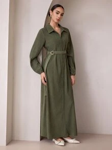 Graceveil Army Green Corduroy Collared Long Robe Dress With Metal Ring Waist Belt, Long Sleeve Muslim Conservative Dress - Army Green - View 5