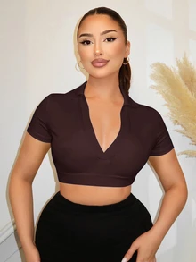SHEIN SXY 女款純色領口短袖修身短版性感T恤 - 棕色 - 查看 4