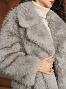 Anewsta Essential Autumn/Winter New Elegant Lady Faux Fox Fur Long Coat, Fashion Fur-In-One Women's Plush Overcoat - Grey - View 3