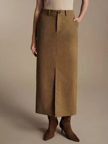 Anewsta Essential Women's Minimalist Elegant Versatile Luxury High-End Suit Straight Slimming Front Slit Mid-Length Skirt - Khaki - View 6
