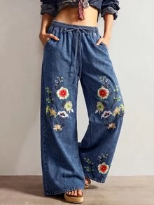 Bohemela Celana Jeans Denim Wanita Ukuran Besar Model Longgar dengan Kaki Lebar dan Bordir Bunga, Dilengkapi Tali Serut dan Karet Pinggang. - Medium Wash - View 5
