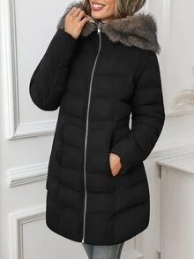 SHEIN Clasi معطف شتوي مبطن للنساء من الفرو الصناعي بتصميم مرقع مع بطانية رأس وجيوب - الأسود - مشاهدة 9