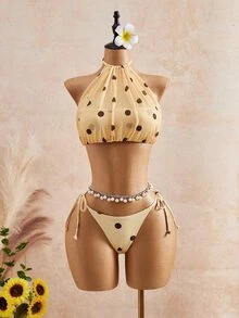 Bellisia 2026SS Spring/Summer Y2K Tropical Cute Retro Beige Polka Dot Print 3 Pieces Women's Swimsuit Set Vacation Beach Pool Party - Multicolor - View 5