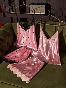 SilkySpell 4piece Set Women's Sexy Silk Pajama Set, Lace Trim Contrast Color Pajamas, Polka Dot Print Pink Pajama Set, Silky Satin Pajama Multi-Piece Set - Multicolor - View 4