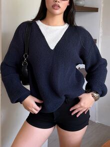 DAZY Women's Fall Navy And White V-Neck Long Sleeve 2 In 1 Colorblock Patchwork Loose Layered Casual Preppy Streetwear Daily Knit Sweater Commuting Brunch Winter - Navy Blue - View 2
