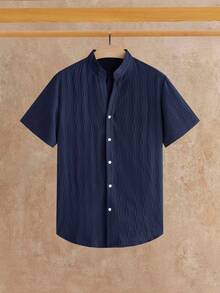 HIMLAND 2pcs/Set Men's Casual Woven Stand Collar Small V-Neck Short Sleeve Shirt Set - Multicolor - View 8