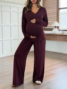 Dazy Maternity Solid Color V-Neck Long Sleeve T-Shirt And Straight Leg Pants Casual Loungewear Daily Spring Autumn Maternity 2 Pieces Set - Burgundy - View 4