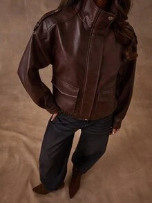 SHEIN BAE Jaket Komuter Wanita Modis Musim Gugur - Coklat - View 7