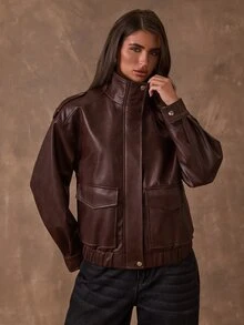 SHEIN BAE Jaket Komuter Wanita Modis Musim Gugur - Coklat - View 6