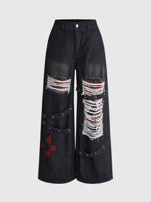ROMWE Grunge Punk Women's Distressed Wide Leg Jeans Y2K Hip Hop Punk Gothic Style Black Washed Frayed Large Ripped Design With Rivet Strap Decor And Contrast Red Plaid Patchwork Comfortable Loose Wide Leg Denim Pants Suitable For Concerts, Street Style, Music Festivals, Nightclubs - Black - View 1