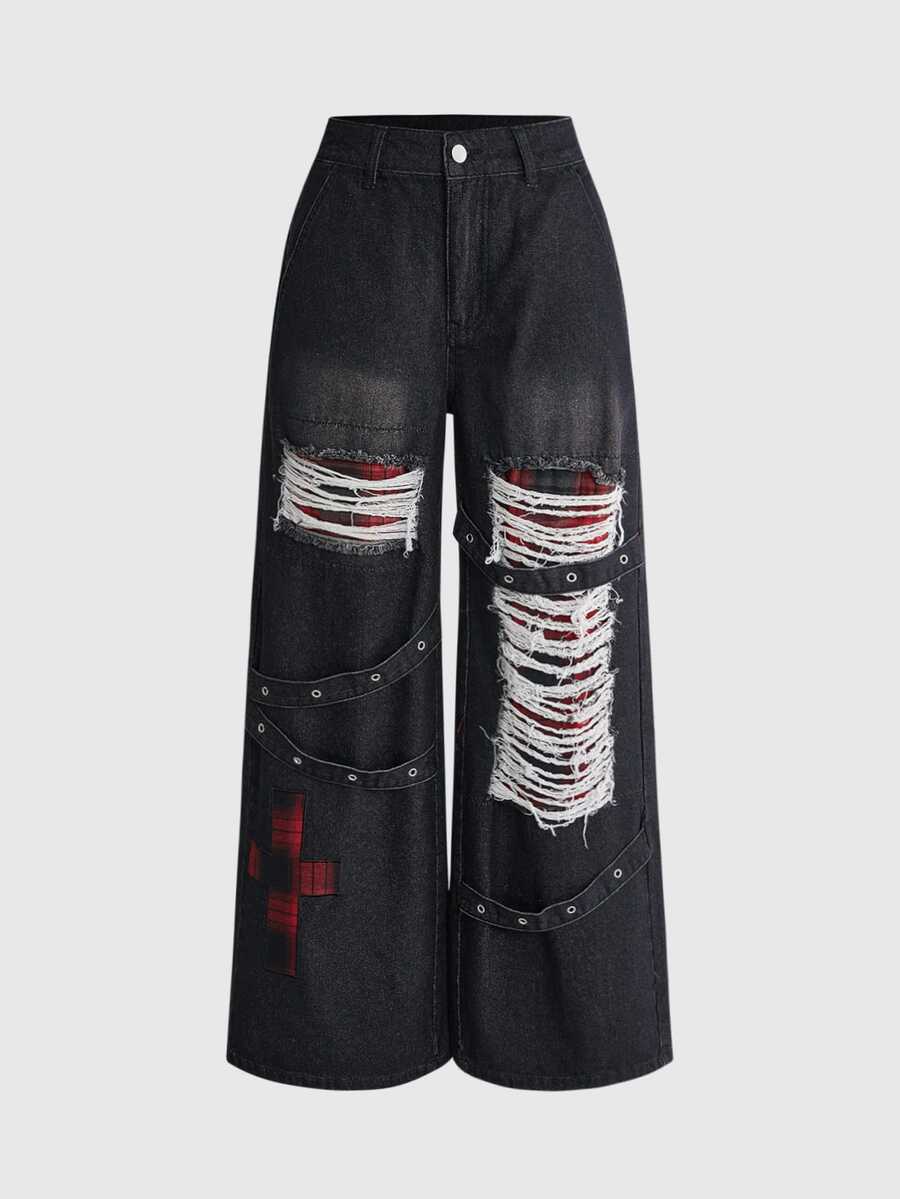 ROMWE Grunge Punk Women's Distressed Wide Leg Jeans Y2K Hip Hop Punk Gothic Style Black Washed Frayed Large Ripped Design With Rivet Strap Decor And Contrast Red Plaid Patchwork Comfortable Loose Wide Leg Denim Pants Suitable For Concerts, Street Style, Music Festivals, Nightclubs - Black - View 1