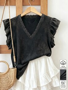 SHEIN Lace Trim Craft Style Fashionable Minimalist Women's Ruffle Sleeve T-Shirt, Gift For Friends - Black - View 1