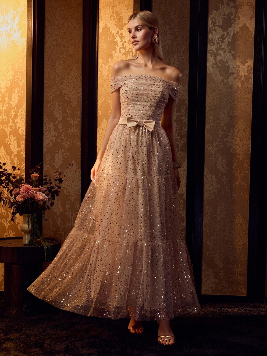MOTF Soiréza ELEGANT WOMEN'S OFF SHOULDER SEQUINED MAXI GOWN WITH BOW DETAIL FOR FORMAL PARTY, WEDDINGS, GALAS - Champagne - View 1