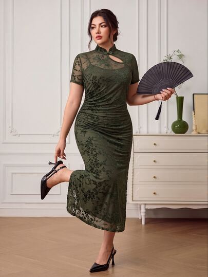 EastFlair Plus Size Women's Flocked Mesh Short Sleeve Button Design Fitted Elegant Dress