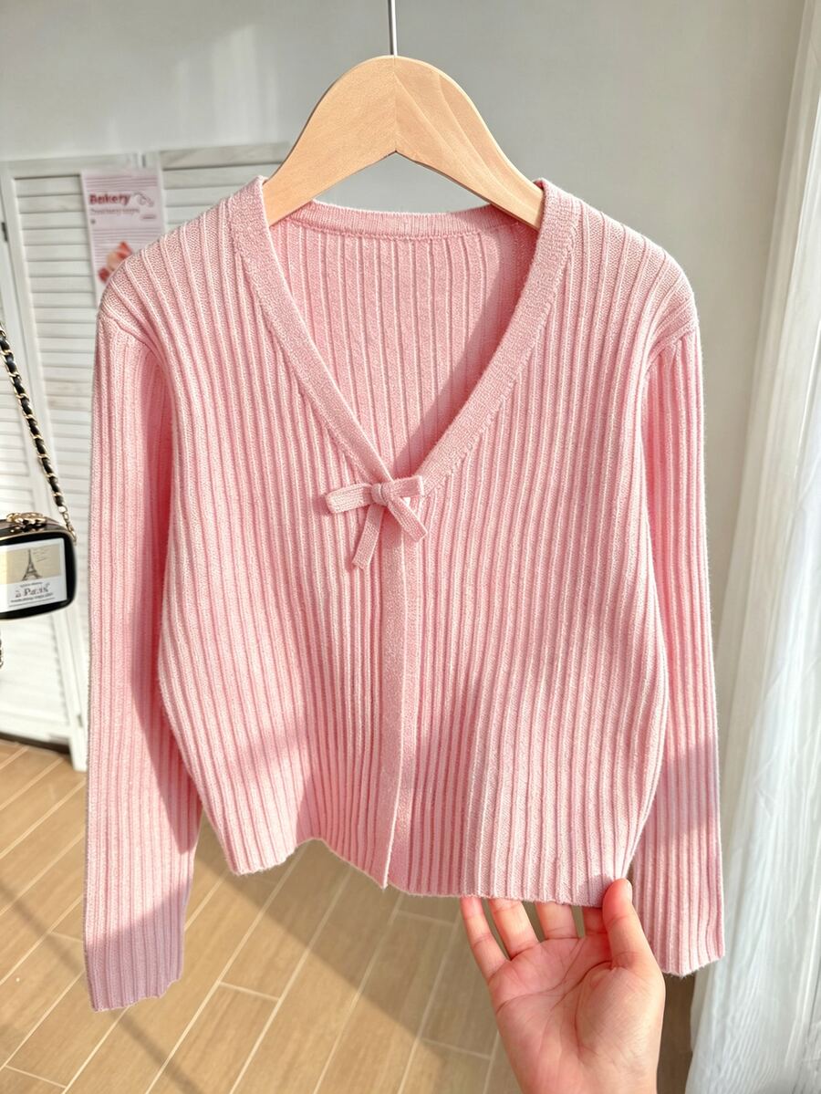 SHEIN 青少年女孩針織蝴蝶結開襟外套,搭配細肩帶背心 - 粉色 - 查看 1