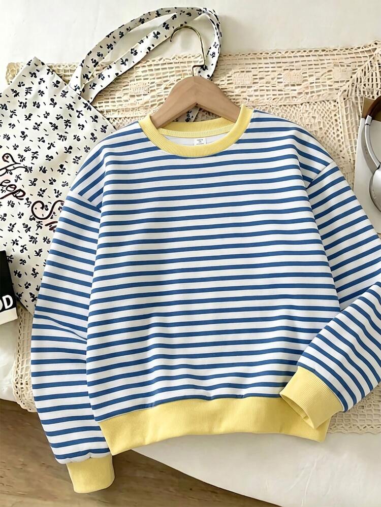 Back To School Season Autumn/Winter Casual Fashion Girls Vintage Fresh Blue & White Striped Crew Neck Sweatshirt American Style Jacket, Suitable For Christmas, Halloween, Personalized Versatile Top For Girls 8Y-12Y - Multicolor - View 3