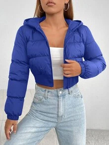 SHEIN PETITE 女款舒適冬季長袖短版連帽外套 - 藍色 - 查看 1