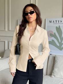 SHEIN EZwear 100%純棉杏色女款休閒百搭前扣式後收腰修身長袖襯衫，適合秋冬穿著 - 杏色 - 查看 8