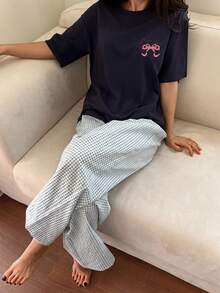 DAZY 2pcs Bow Pattern Loose Short Sleeve T-Shirt & Straight Leg Striped Pajama Pants Summer Outfit Women's Sleepwear Set Fall - Multicolor - View 9