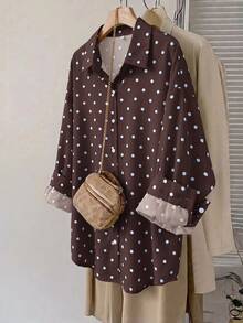 SHEIN LUNE Camisa de talla grande versátil con estampado de lunares y abotonadura sencilla - Multicolor - Ver 1