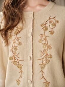 Anewsta Women's Elegant Winter Beaded Embroidery Decorated Knit Cardigan - Camel - View 3