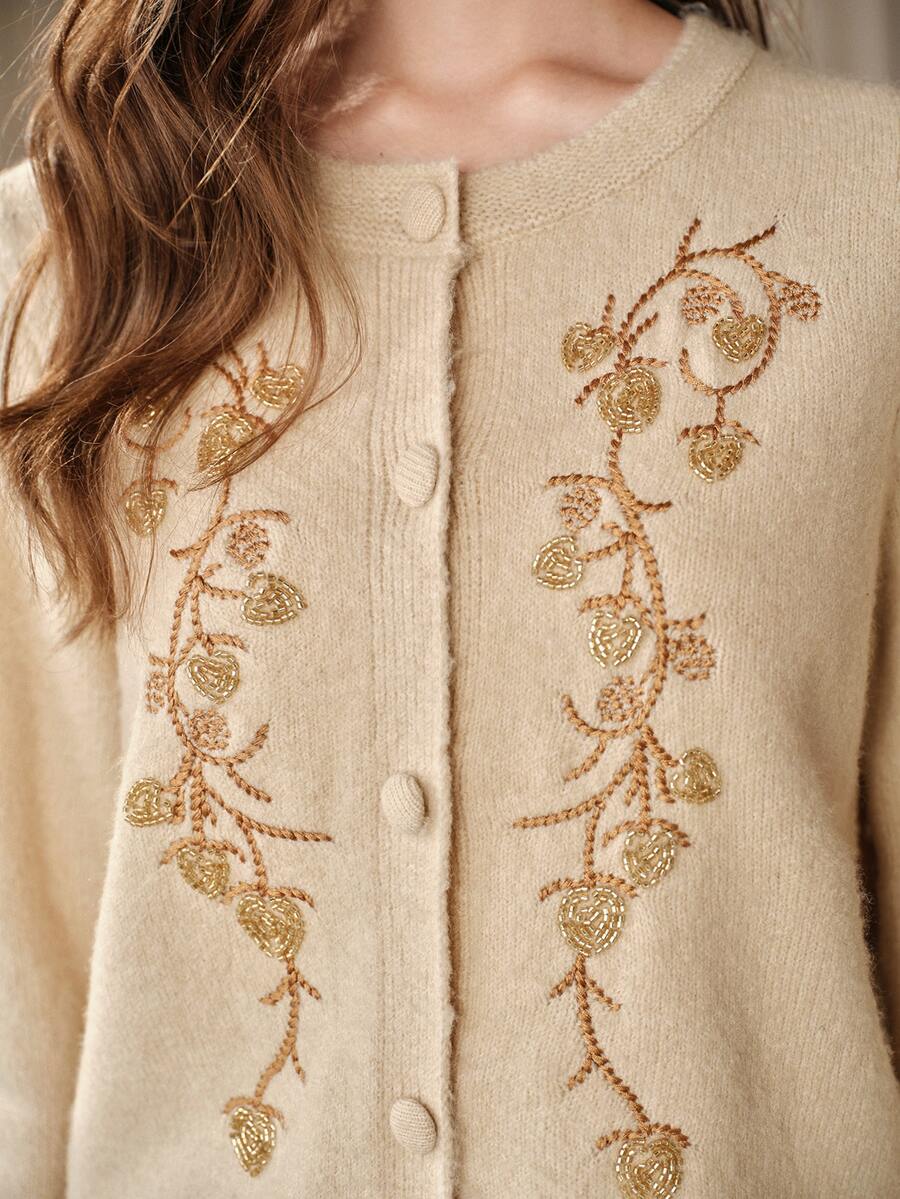Anewsta 女款優雅冬季珠飾刺繡裝飾針織開襟衫 - 駝色 - 查看 1