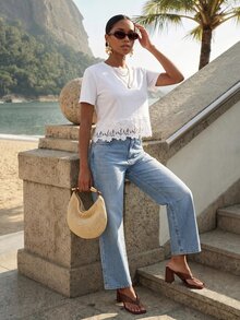 CAJUNI Women's Versatile Lace Patchwork Short Sleeve T-Shirt For Vacation And Travel - White - View 5