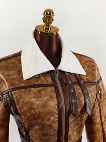 Amplova PU Composite Faux Fur Cropped Waist Jacket, Retro Dropped Shoulder, Autumn/Winter - Brown - View 5