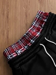 TOKVUE 男士 INS 熱銷刺繡 3D 簽名拼接格紋運動長褲，送給男友/丈夫的禮物，適合聚會與旅行 - 黑色 - 查看 5
